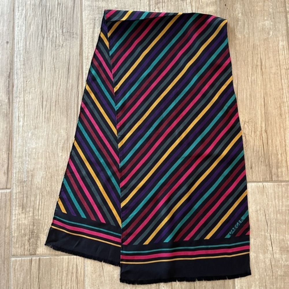 Jaeger Vintage Long 100% Silk Scarf Diagonal Stripe Black W Gold Magenta Green